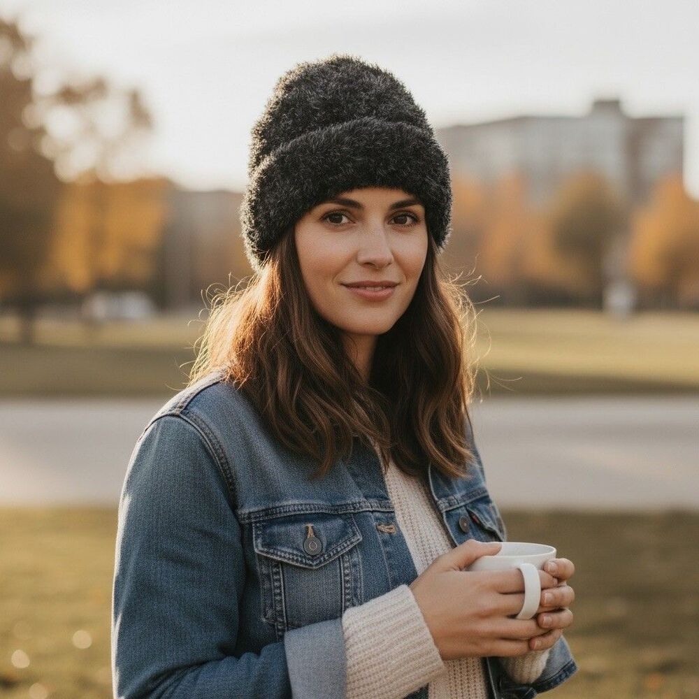 Women Fur Hat Female Winter Furry Knit Beanie Hat Thick Warm Skull Cap Black